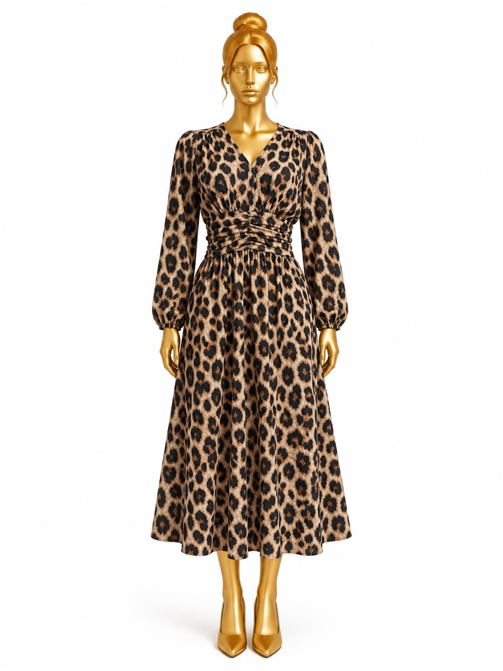 SHEIN XL Leopard Print Ruched Waist Midi Dress Long Sleeve V-Neck